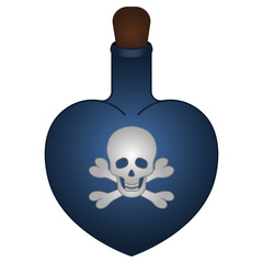 Witch potion in a flask. Heart shaped vessel. Poison bottle. Colored vector illustration. Isolated white background. The emblem on the bottle is skull and bones. Halloween symbol. Cartoon style. 