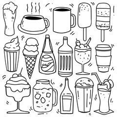Obraz premium Hand drawn of beverages in doodle style isolated on white background, Vector hand drawn set beverages theme. Vector illustration
