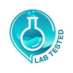 Lab tested icon - circular and glossy certificated proven sign with  laboratory flask - isolated vector emblem