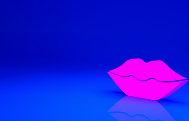 Pink Smiling lips icon isolated on blue background. Smile symbol. Minimalism concept. 3d illustration 3D render.