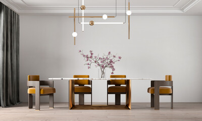 The beautiful mock up room interior design of modern cozy dining room and white wall texture background 
