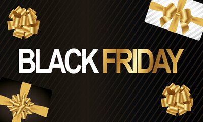 black friday lettering white and golden with gifts and bows