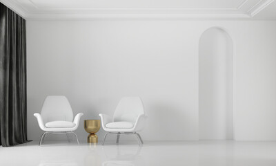The beautiful mock up room interior design of minimal living room and white wall texture background 