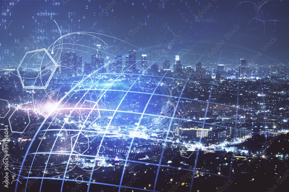 Poster map and data theme hologram on city view with skyscrapers background double exposure. international 