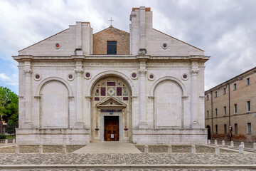 The facade of the Malatesta temple, known as the Duomo and from 1809 became a cathedral with the title of Santa Colomba, Rimini, Italy