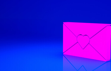 Pink Envelope with Valentine heart icon isolated on blue background. Message love. Letter love and romance. Minimalism concept. 3d illustration 3D render.