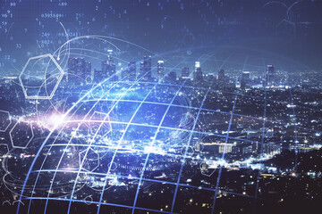 Map and data theme hologram on city view with skyscrapers background double exposure. International...