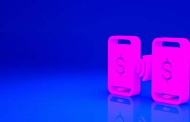 Pink Money payment transfer in mobile icon isolated on blue background. Concept of fast pay by purchase. Sending and receiving money. Minimalism concept. 3d illustration 3D render.