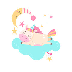 Obraz na płótnie Canvas A cute unicorn sleeps sweetly on a cloud.