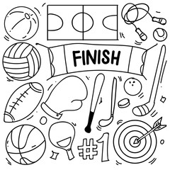 Set of hand drawn sport theme isolated on white background, doodle set of sport theme. Vector illustration