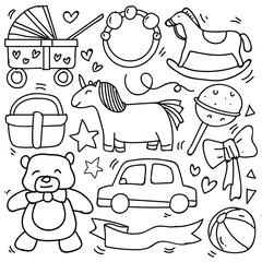Baby and newborn doodle for icon, banner. Cartoon sketch style doodle with baby girl and boy toy, food, ball, balloon, moon, star, milk bottle, birthday elements. hand drawn and Vector illustration