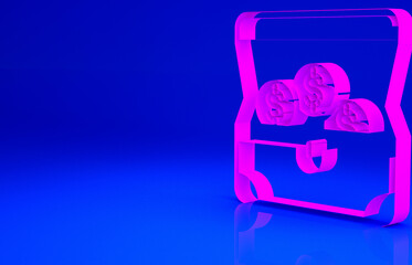Pink Treasure chest icon isolated on blue background. Minimalism concept. 3d illustration 3D render.