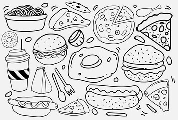 Set of hand drawn food isolated on white background, doodle set of fast food. Vector illustration