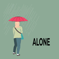 Flat design illustration of a woman holding an umbrella alone, with lettering alone.  Isolated on green background.