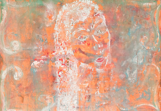  Vintage painting with peeling paint. Abstraction with the appearance of a young girl on a colorful bright background