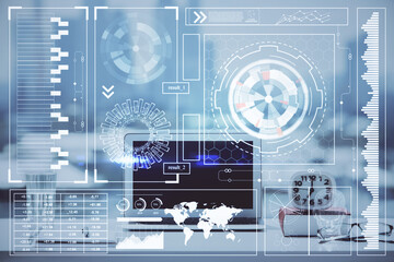 Multi exposure of table with computer on background and data theme drawing. Concept of innovation.