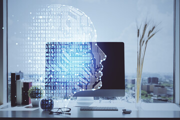 Double exposure of desktop with computer and brain drawing hologram. Artificial intelligence concept.