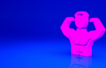 Pink Bodybuilder showing his muscles icon isolated on blue background. Fit fitness strength health hobby concept. Minimalism concept. 3d illustration 3D render.