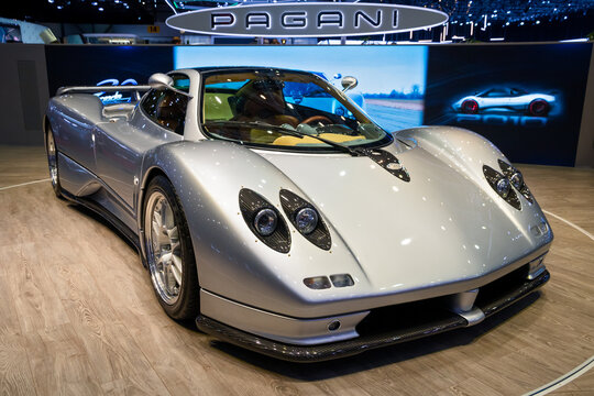 Pagani Zonda C12 sports car at the 89th Geneva International Motor Show. Geneva, Switzerland - March 6, 2019.