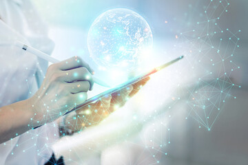 The concept of business networking in the world online by using a laptop in the study of data processing work.