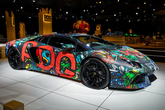 POG Lamborghini Aventador hypercar at the Autosalon 2020 Motor Show. Brussels, Belgium - January 9, 2020.