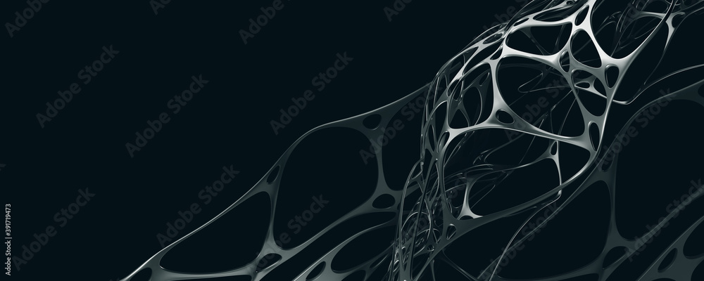 Poster Fantastic 3D illustration. Interlacing and whirling of abstract forms. Network and web in structure of cyberspace. Synthetics and metal in nanotechnology projects of future