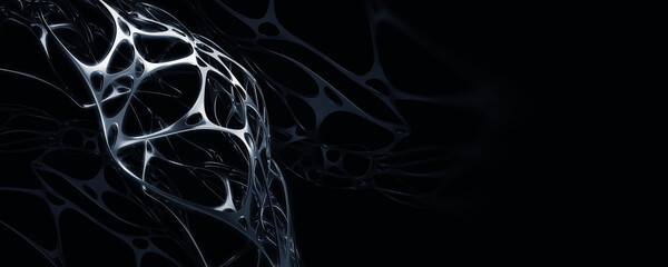 Fantastic 3D illustration. Interlacing and whirling of abstract forms. Network and web in structure of cyberspace. Synthetics and metal in nanotechnology projects of future