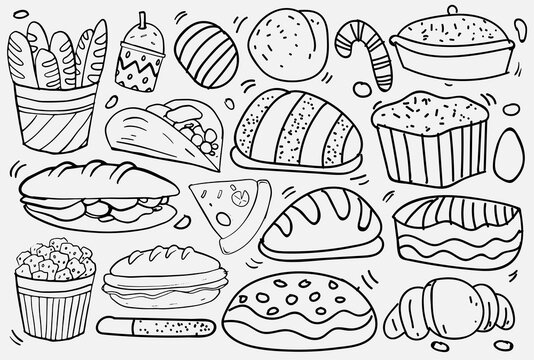 Set of hand drawn food isolated on white background, doodle set of fast food. Vector illustration