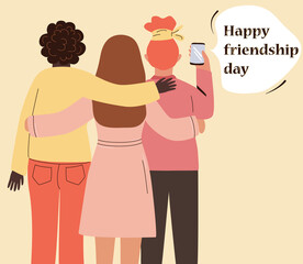 Three best friends take a selfie on the phone, hug. Happy girlfriends celebrate friendship day. Cartoon women flat characters, viewed from the back. Vector illustration. Women's love, relationships