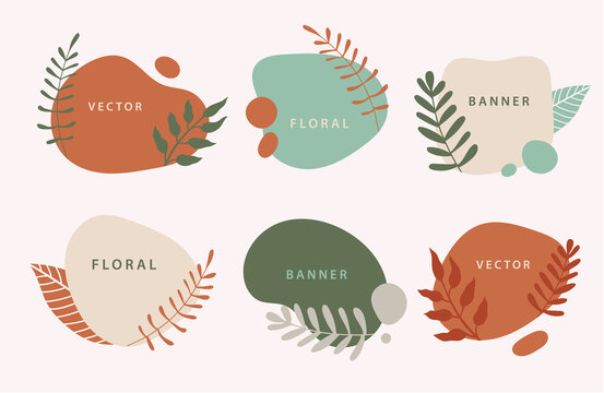 Vector set of liquid organic forms and badges set with plants, leaves. Flowing shapes banners. Template for logo, branding, web design, social media post, business card, invitation, print