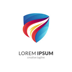 Shield and fire logo concept, modern emblem/badge logo style, gradient glossy colors