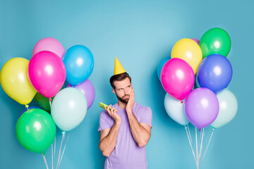 Photo portrait of bored guy talking on phone tired of listening why nobody came to party isolated...