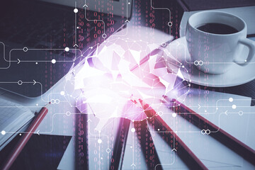 Double exposure of desktop computer and human brain drawing hologram. Ai concept.