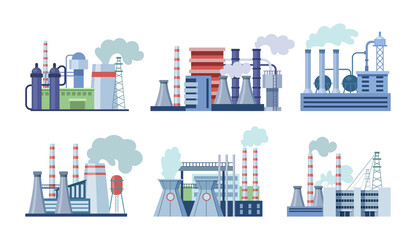 Industrial factory buildings set. Industrial buildings with pipes, power station, thermal nuclear power plants, different manufacturing plant, warehouse, factory with storage tanks for oil, gas