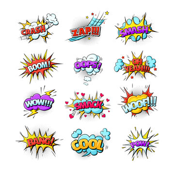 Comic speech bubble sound effects pop art style. Speech clouds with quotes, exclamations, surprise, admiration, anger, sound effects pop art. Comic speech bubble, boom, burst clouds cartoon
