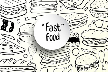 Set of hand drawn food isolated on white background, doodle set of fast food. Vector illustration