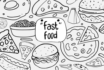 Set of hand drawn food isolated on white background, doodle set of fast food. Vector illustration