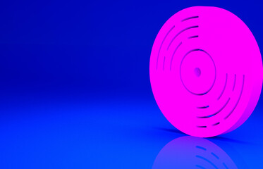 Pink Vinyl disk icon isolated on blue background. Minimalism concept. 3d illustration 3D render.