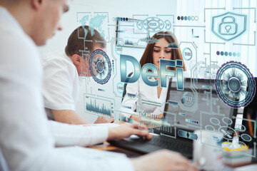 Business, technology, internet and network concept. A group of young people works with a hologram on the screen see the inscription: DeFi
