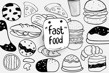 Set of hand drawn food isolated on white background, doodle set of fast food. Vector illustration