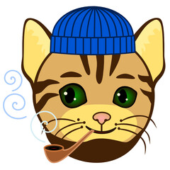 emoji with happy aged sea cat, experienced fisherman captain of fishing boat with strong beard wearing a knitted hat smokes pipe with curly smoke, simple colored emoticon