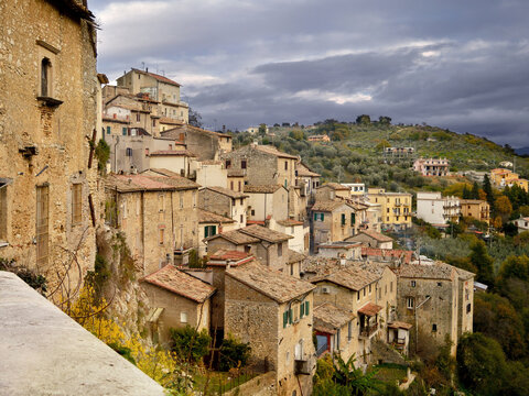 The scenic view of the roofs on the valley near the historic small village of Toffia near Rieti, Lazio, Italy