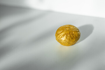 Walnut of golden color on a white background. Photo taken with selective focus and noise effect