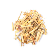 Top view of dried citronella lemongrass sticks isolated on white background. Natural medicine aromatherapy. 