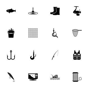 Fishing icon - Expand to any size - Change to any colour. Perfect Flat Vector Contains such Icons as fish, rod, nautical, waders, boat, jacket, tackle, water, echo sounder, hook, boots, fathometer.