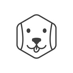 Tienda de mascotas. Logotipo lineal cara de perro alegre en hexágono en color gris © teracreonte