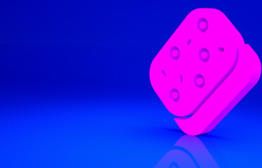 Pink Sponge with bubbles icon isolated on blue background. Wisp of bast for washing dishes. Cleaning service logo. Minimalism concept. 3d illustration 3D render.