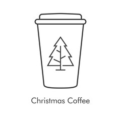Tiempo de navidad. Vaso de café. Logotipo lineal con vaso de plastico con tapa con árbol de navidad de color gris