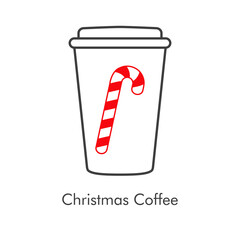Tiempo de navidad. Vaso de café. Logotipo lineal con vaso de plastico con tapa con bastón de caramelo en rojo y gris