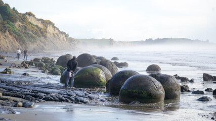 Spherical Rock Moeraki Boulders located at Koekohe Beach on the South Island of New Zealand.